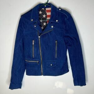 Blue Corduroy American Flag Interior Moto Style Jacket Size Medium